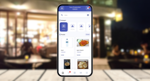 Tampilan aplikasi Yiips di smartphone — UI kasir modern dengan grid produk, analitik penjualan, dan tombol Checkout Primary Blue